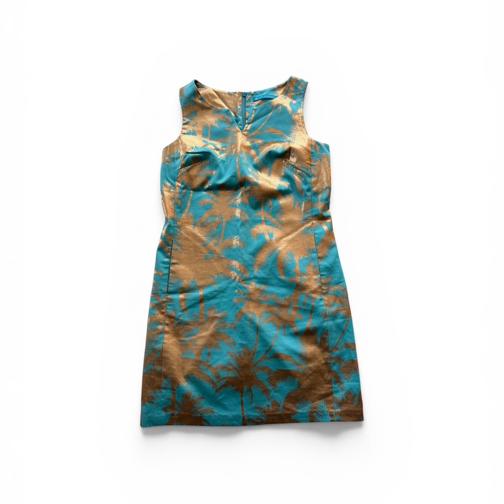 Tori Richard Teal and Gold Palm Print Mini Dress